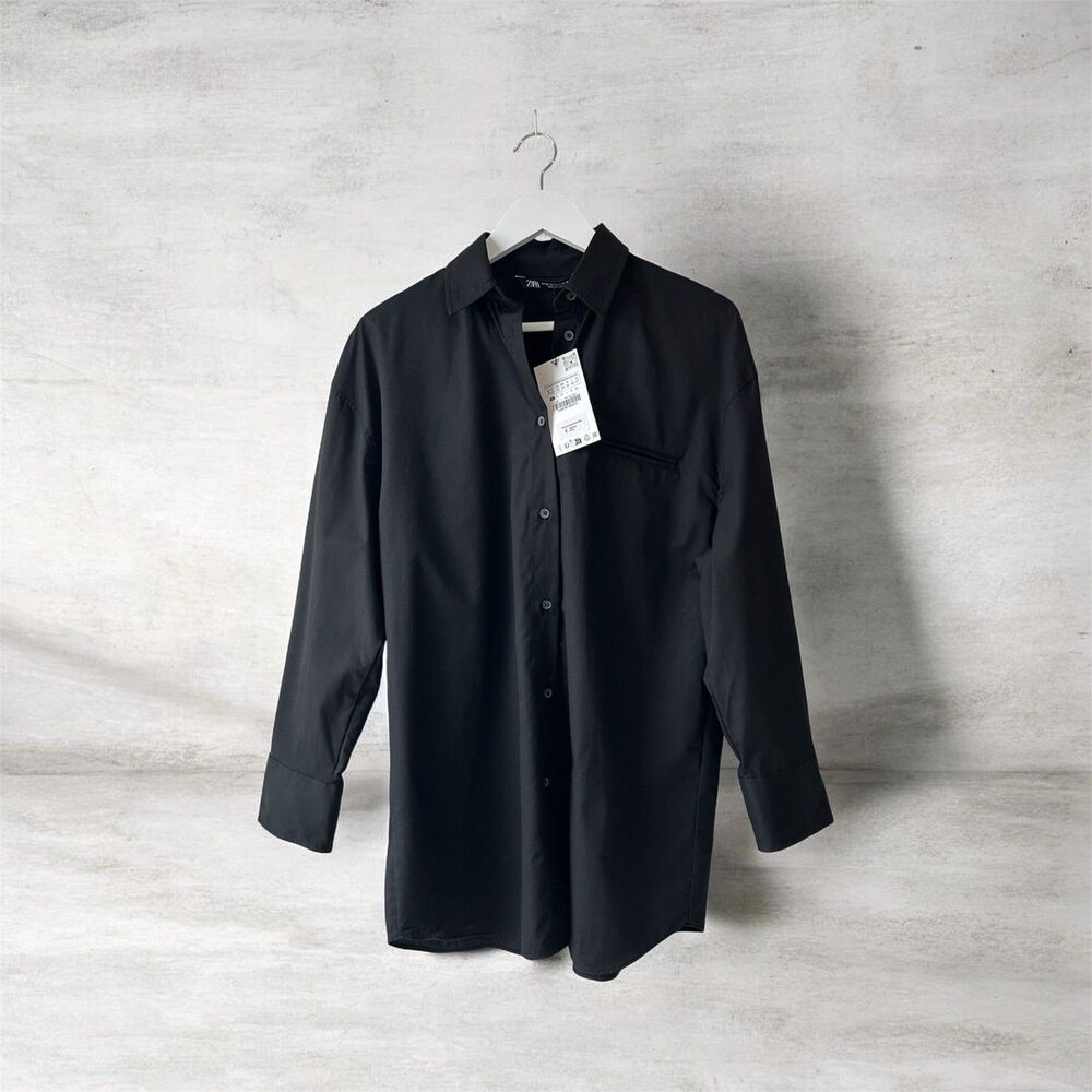 Zara NWT Long Sleeve Button Down Shirt Blouse Black Size XS Tall Preppy Classic
